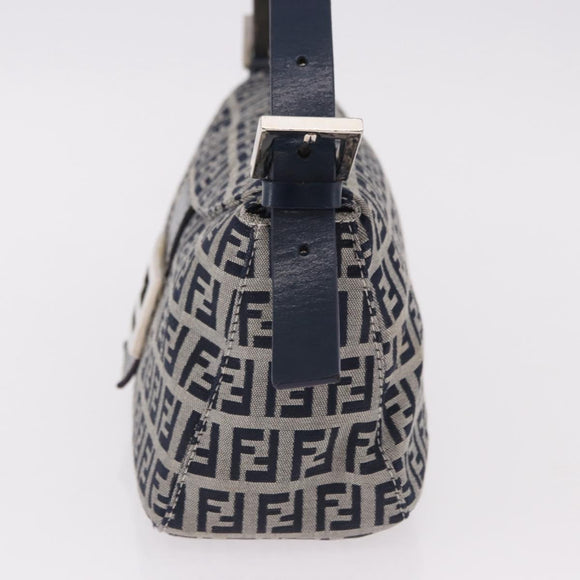 FENDI Zucchino Canvas Mamma Baguette Shoulder Bag Navy Silver Auth 191734V