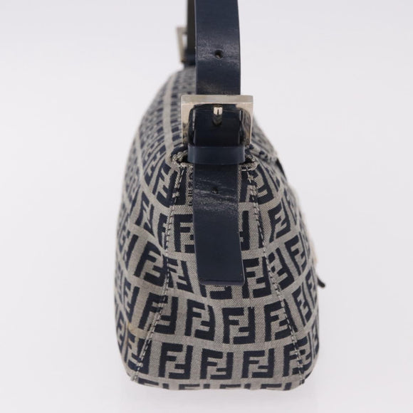 FENDI Zucchino Canvas Mamma Baguette Shoulder Bag Navy Silver Auth 191734V