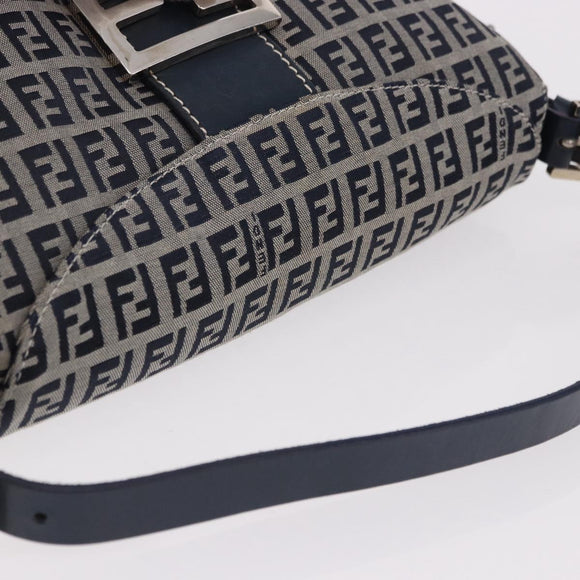 FENDI Zucchino Canvas Mamma Baguette Shoulder Bag Navy Silver Auth 191734V