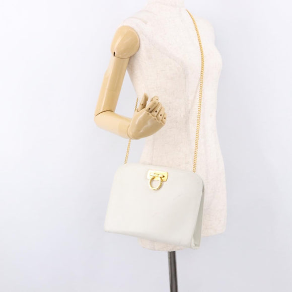 Salvatore Ferragamo Gancini Chain Shoulder Bag Leather White Gold Auth 191748