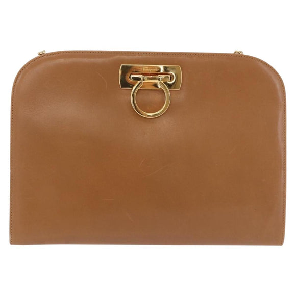 Salvatore Ferragamo Gancini Chain Shoulder Bag Leather Brown Gold Auth 191749