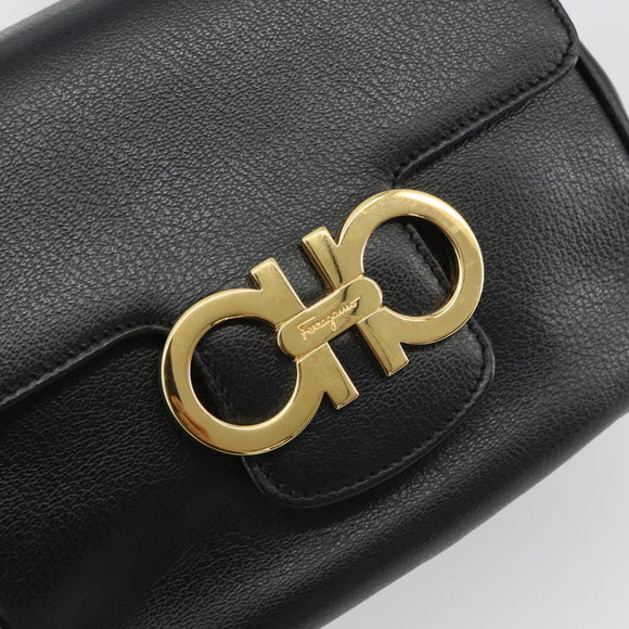 Salvatore Ferragamo Gancini Shoulder Bag Leather Black Gold Tone Auth 191754V