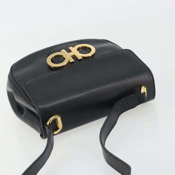 Salvatore Ferragamo Gancini Shoulder Bag Leather Black Gold Tone Auth 191754V