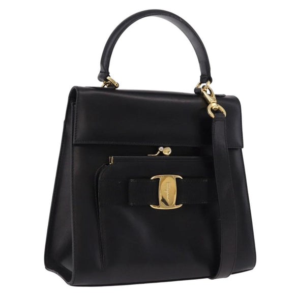 Salvatore Ferragamo Vala Hand Bag Leather 2way Black Gold Tone Auth 191779A