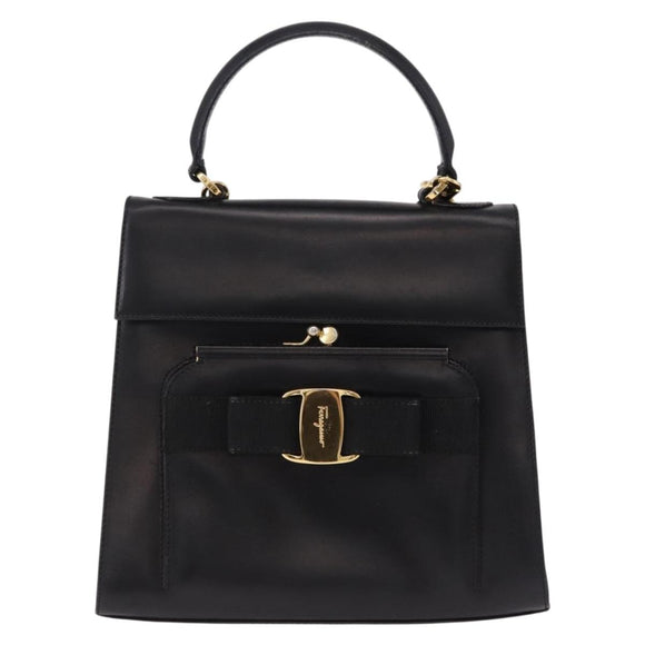 Salvatore Ferragamo Vala Hand Bag Leather 2way Black Gold Tone Auth 191779A