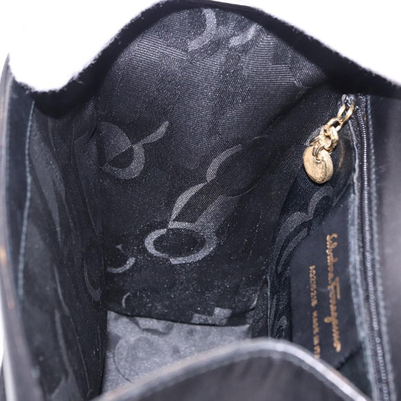 Salvatore Ferragamo Vala Hand Bag Leather 2way Black Gold Tone Auth 191779A