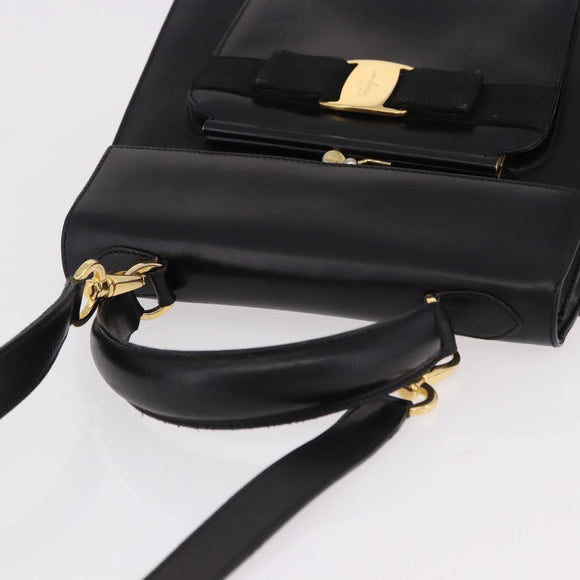 Salvatore Ferragamo Vala Hand Bag Leather 2way Black Gold Tone Auth 191779A