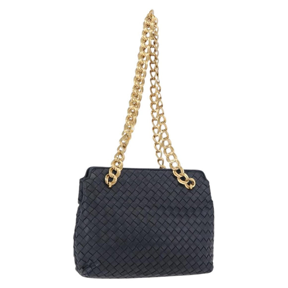 BOTTEGA VENETA INTRECCIATO Chain Shoulder Bag Leather Navy Gold Auth 191793V
