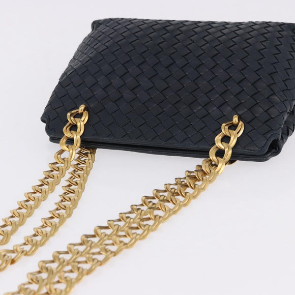 BOTTEGA VENETA INTRECCIATO Chain Shoulder Bag Leather Navy Gold Auth 191793V