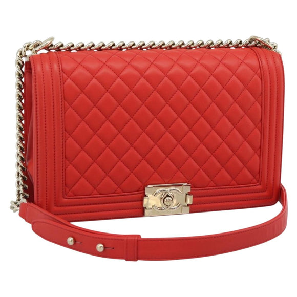 CHANEL Chain Matelasse 28 Boy Chanel Bag Lamb Skin Red Gold CC Auth 191832SAM