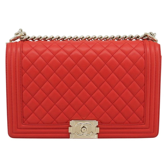 CHANEL Chain Matelasse 28 Boy Chanel Bag Lamb Skin Red Gold CC Auth 191832SAM