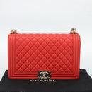 CHANEL Chain Matelasse 28 Boy Chanel Bag Lamb Skin Red Gold CC Auth 191832SAM-12