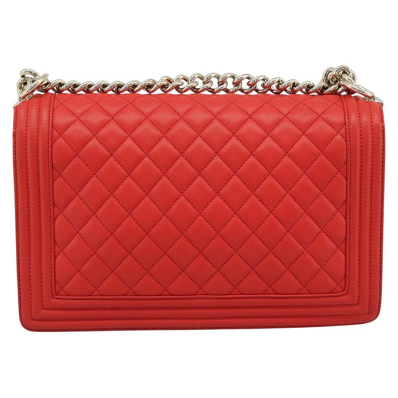 CHANEL Chain Matelasse 28 Boy Chanel Bag Lamb Skin Red Gold CC Auth 191832SAM