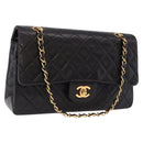 CHANEL Double Flap Chain Matelasse25 Bag Lamb Skin Black Gold CC Auth 191833SAM-1