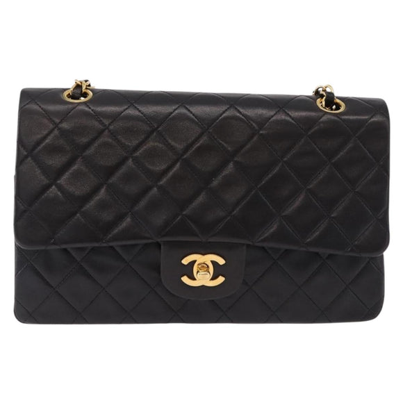 CHANEL Double Flap Chain Matelasse25 Bag Lamb Skin Black Gold CC Auth 191833SAM