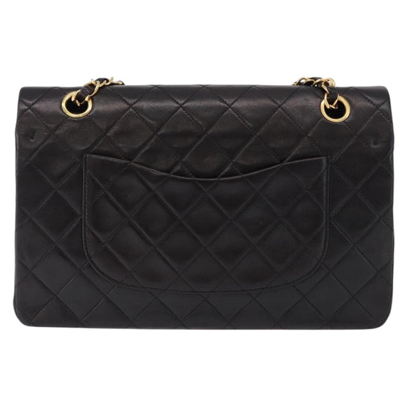 CHANEL Double Flap Chain Matelasse25 Bag Lamb Skin Black Gold CC Auth 191833SAM