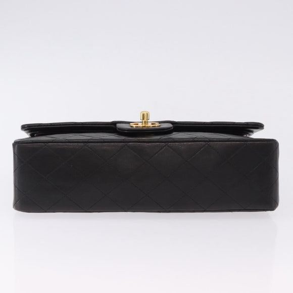 CHANEL Double Flap Chain Matelasse25 Bag Lamb Skin Black Gold CC Auth 191833SAM