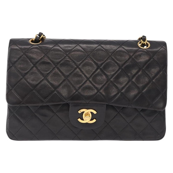 CHANEL Chain Matelasse25 Shoulder Bag Lamb Skin Black Gold CC Auth 191834SAM