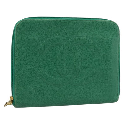 CHANEL COCO Mark Clutch Bag Caviar Skin Green Gold CC Auth 191836A