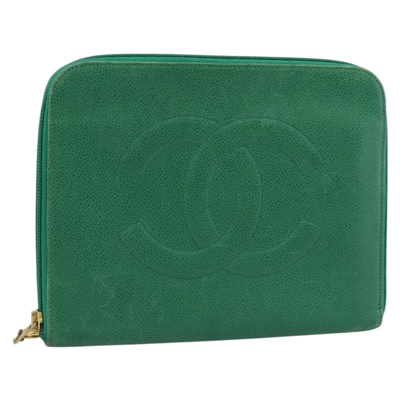 CHANEL COCO Mark Clutch Bag Caviar Skin Green Gold CC Auth 191836A