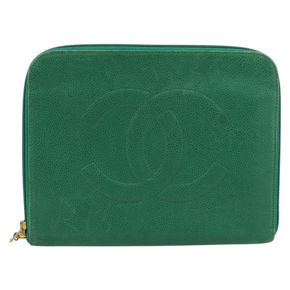 CHANEL COCO Mark Clutch Bag Caviar Skin Green Gold CC Auth 191836A