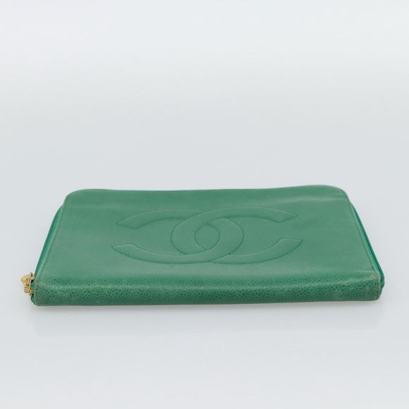 CHANEL COCO Mark Clutch Bag Caviar Skin Green Gold CC Auth 191836A