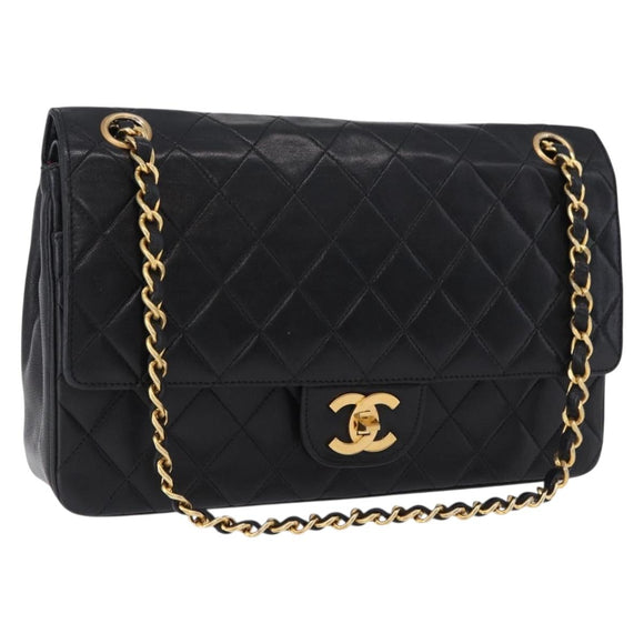 CHANEL Matelasse Chain Shoulder Bag Lamb Skin Black Gold CC Auth 191837M
