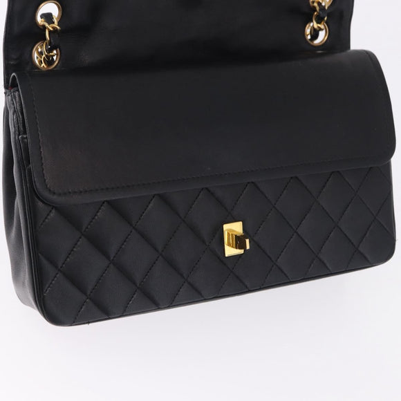 CHANEL Matelasse Chain Shoulder Bag Lamb Skin Black Gold CC Auth 191837M