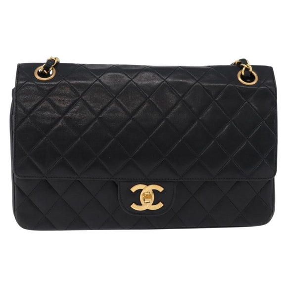 CHANEL Matelasse Chain Shoulder Bag Lamb Skin Black Gold CC Auth 191837M