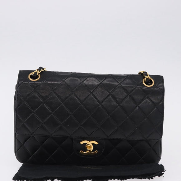 CHANEL Matelasse Chain Shoulder Bag Lamb Skin Black Gold CC Auth 191837M