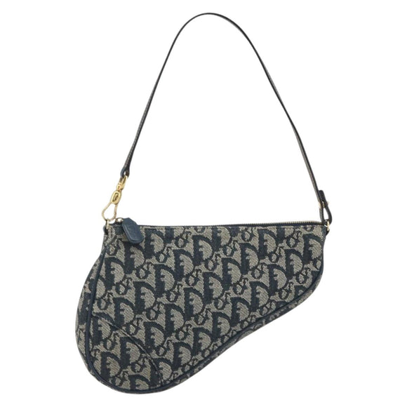 Christian Dior Trotter Canvas Saddle Pouch Navy Gold Auth 191838V