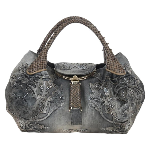 FENDI Shoulder Bag Denim Gray Gold Auth 191869SAV