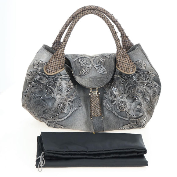 FENDI Shoulder Bag Denim Gray Gold Auth 191869SAV