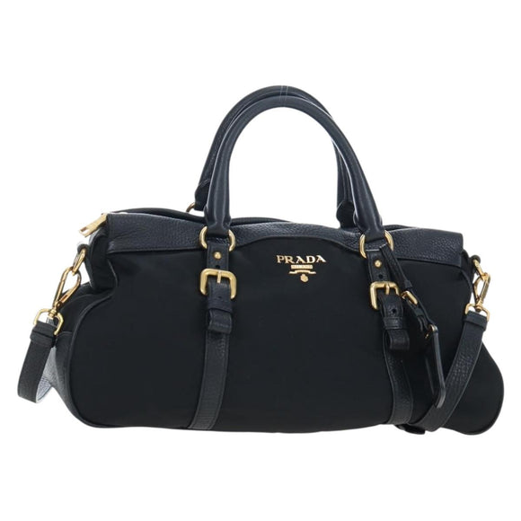 PRADA Hand Bag Nylon Leather 2way Black Gold Auth 191870V
