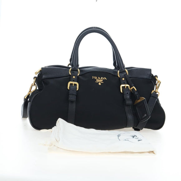 PRADA Hand Bag Nylon Leather 2way Black Gold Auth 191870V