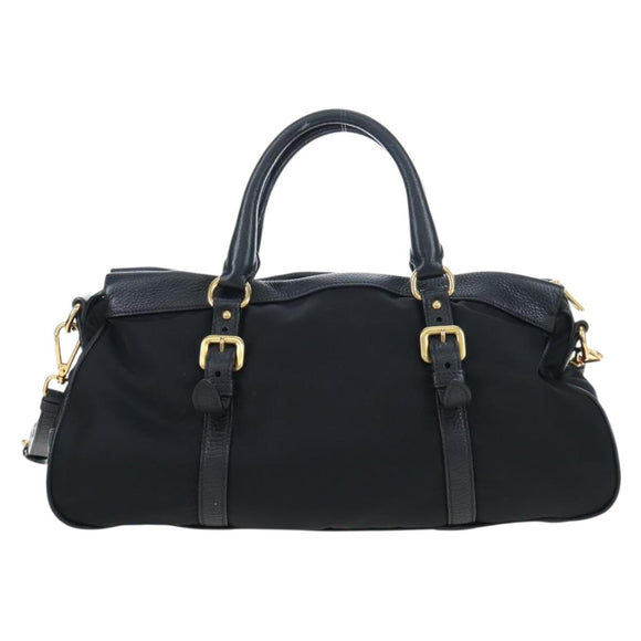 PRADA Hand Bag Nylon Leather 2way Black Gold Auth 191870V