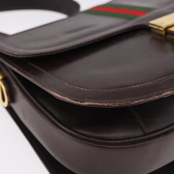 GUCCI Web Sherry Line Shoulder Bag Leather Brown Gold Auth 191902