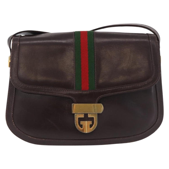 GUCCI Web Sherry Line Shoulder Bag Leather Brown Gold Auth 191902