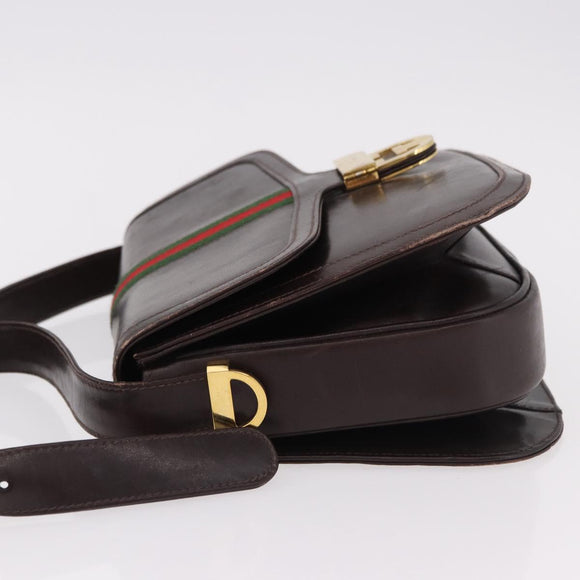 GUCCI Web Sherry Line Shoulder Bag Leather Brown Gold Auth 191902