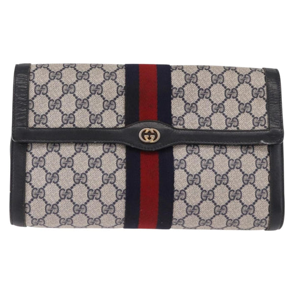 GUCCI GG Supreme Sherry Line Clutch Bag PVC Navy Gold Auth 191926