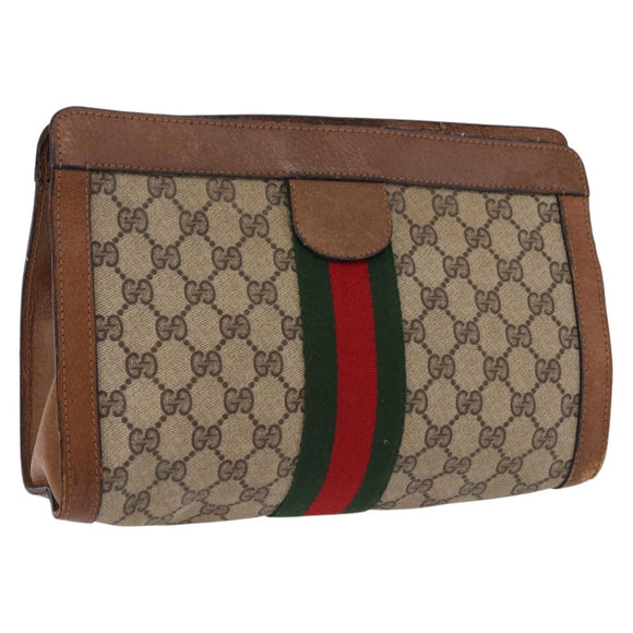 GUCCI GG Supreme Web Sherry Line Clutch Bag PVC Beige Auth 191932