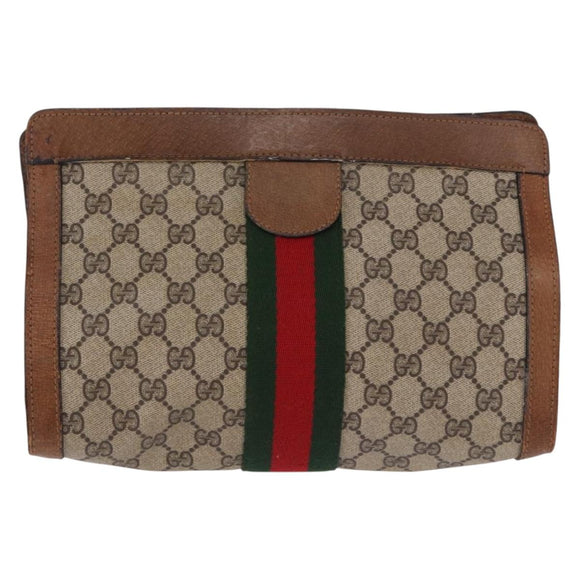 GUCCI GG Supreme Web Sherry Line Clutch Bag PVC Beige Auth 191932