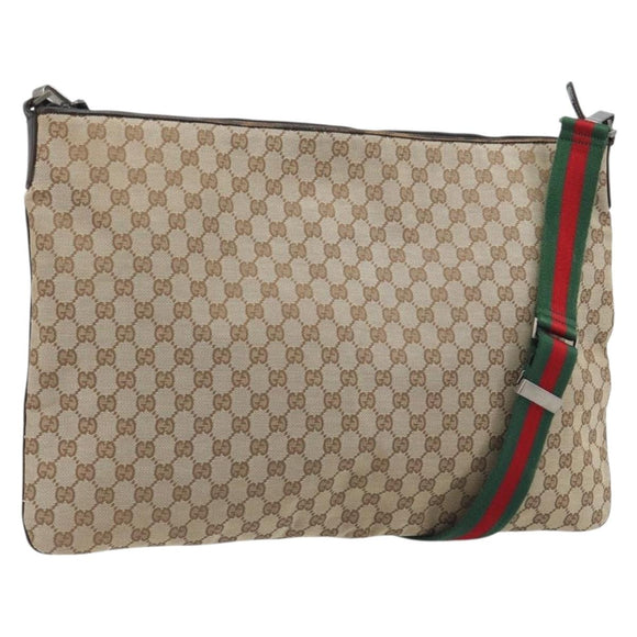 GUCCI GG Canvas Web Sherry Line Shoulder Bag Beige Silver Auth 191971A