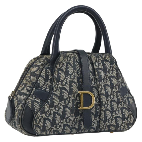 Christian Dior Trotter Canvas Double saddle Hand Bag Navy Gold Auth 191979V