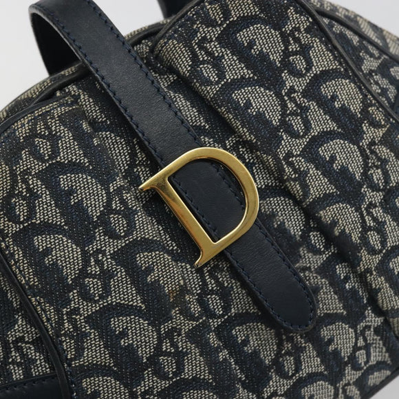 Christian Dior Trotter Canvas Double saddle Hand Bag Navy Gold Auth 191979V