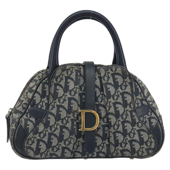 Christian Dior Trotter Canvas Double saddle Hand Bag Navy Gold Auth 191979V