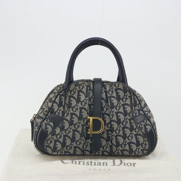 Christian Dior Trotter Canvas Double saddle Hand Bag Navy Gold Auth 191979V