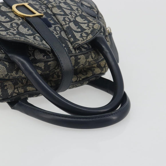 Christian Dior Trotter Canvas Double saddle Hand Bag Navy Gold Auth 191979V