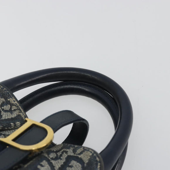 Christian Dior Trotter Canvas Double saddle Hand Bag Navy Gold Auth 191979V