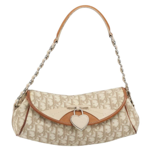 Christian Dior Trotter Canvas Romantic Chain Bag PVC Beige Silver Auth 191980V